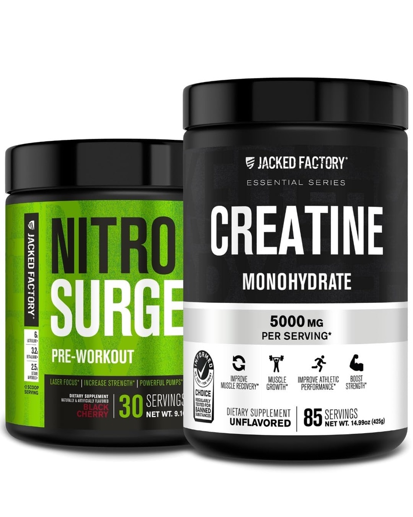 Nitrosurge Pre-Workout Jacked Factory en cereza negra y monohidrato de crema para hombres " mujeres