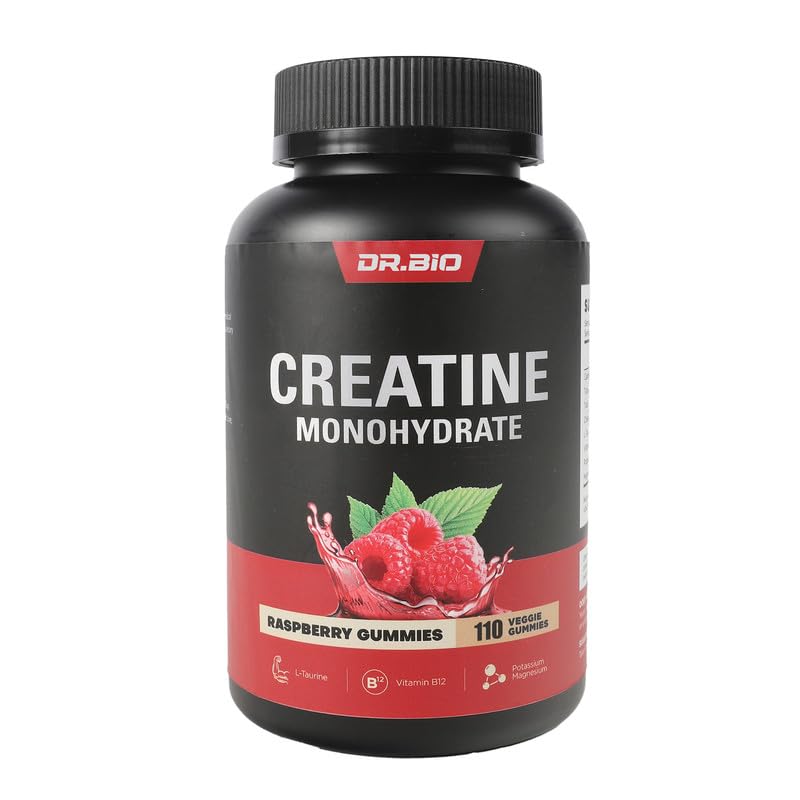 DR.BIO Creatine Monohydrate Gummies for Energy &amp; Muscle Support, Pre-Workout Complex Creatine for Women &amp; Men with 5000mg Creatine, L-Taurine, B12, Mg and K, Vegan, Red Raspberry, 110 Count