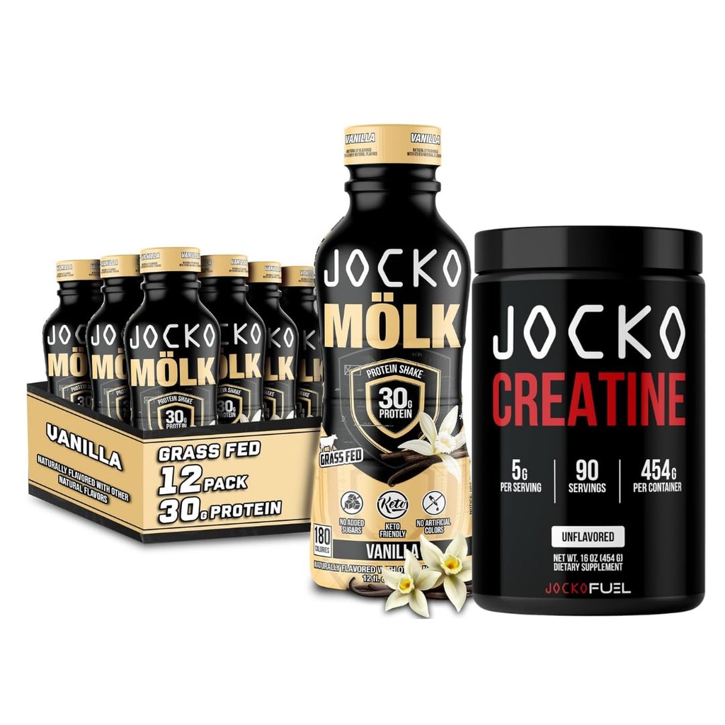 Jocko Mölk Grass Fed Protein Shakes - Listo para beber (Pack of 12) Vanilla + Jocko Creatine