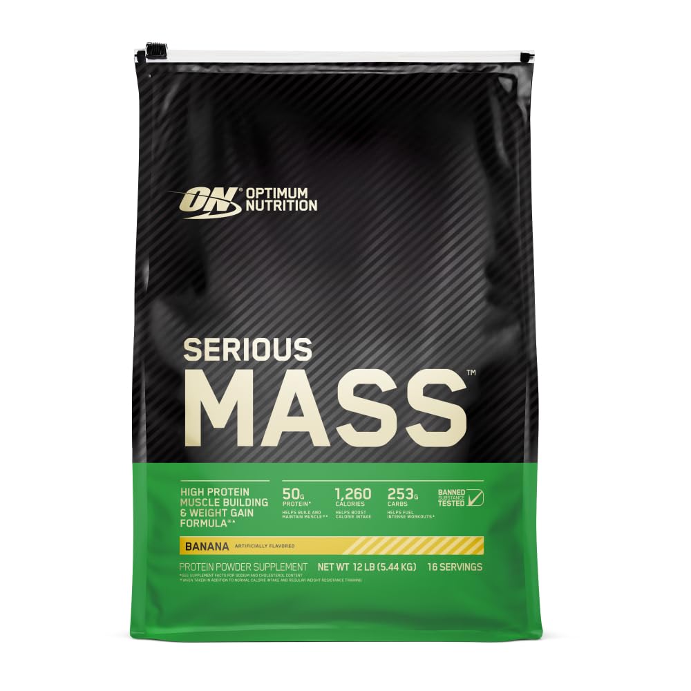 Optimum Nutrition Grave Mass, Weight Gainer Protein Powder, Mass Gainer, Vitamina C y Zinc para Immune Support, Creatine, Banana, 12 libras (Packaging May Vary)