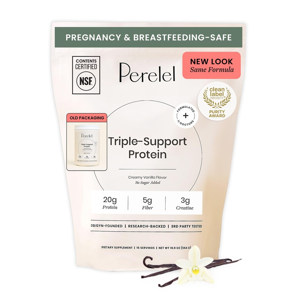 Perelel Triple-Support Plant Based Protein Powder, Creamy Vanilla, 20g Vegan Protein Powder, 3g Creatine Monohydrate, & 5g Prebiotic Fiber per Serving, Dairy Free, No Sugar Added, 15 Day Supply