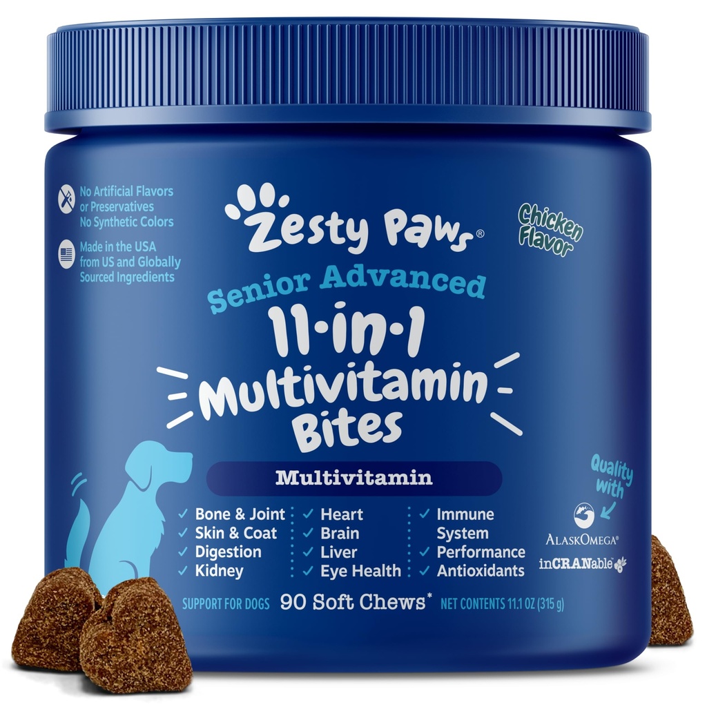 Zesty Paws Senior Dog Multivitamin Treats - Glucosamine for Dogs + Digestive Enzymes & Probiotics - Grain Free Dog Vitamins and Supplements for Skin & Coat + Immune Health Chicken - Advanced - 90ct
