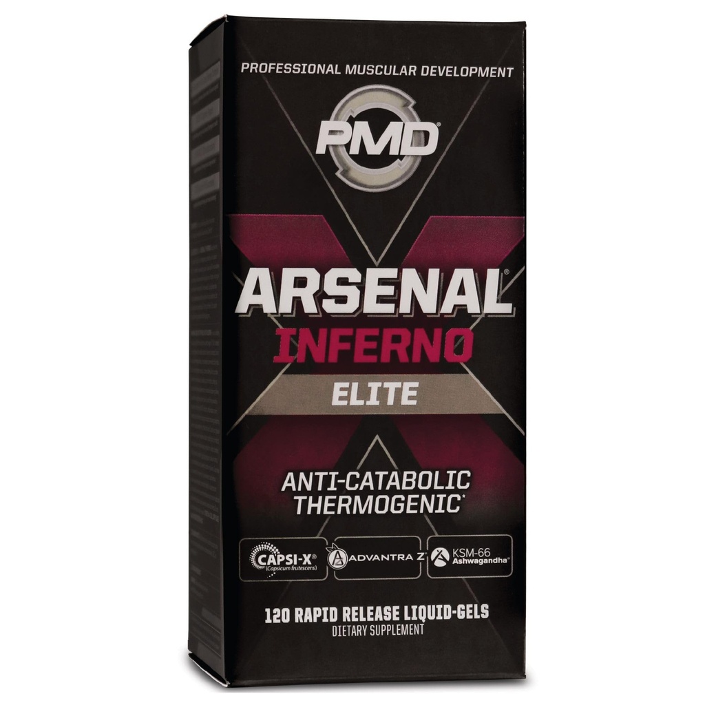 PMD Sports Arsenal X Inferno Superior Fast-Acting Liquid Gel Thermogenic Dietary Supplement - Fat Burner and Muscle Maintenance - Incrementar el metabolismo y la energía Booster - 120 Liquid Gels