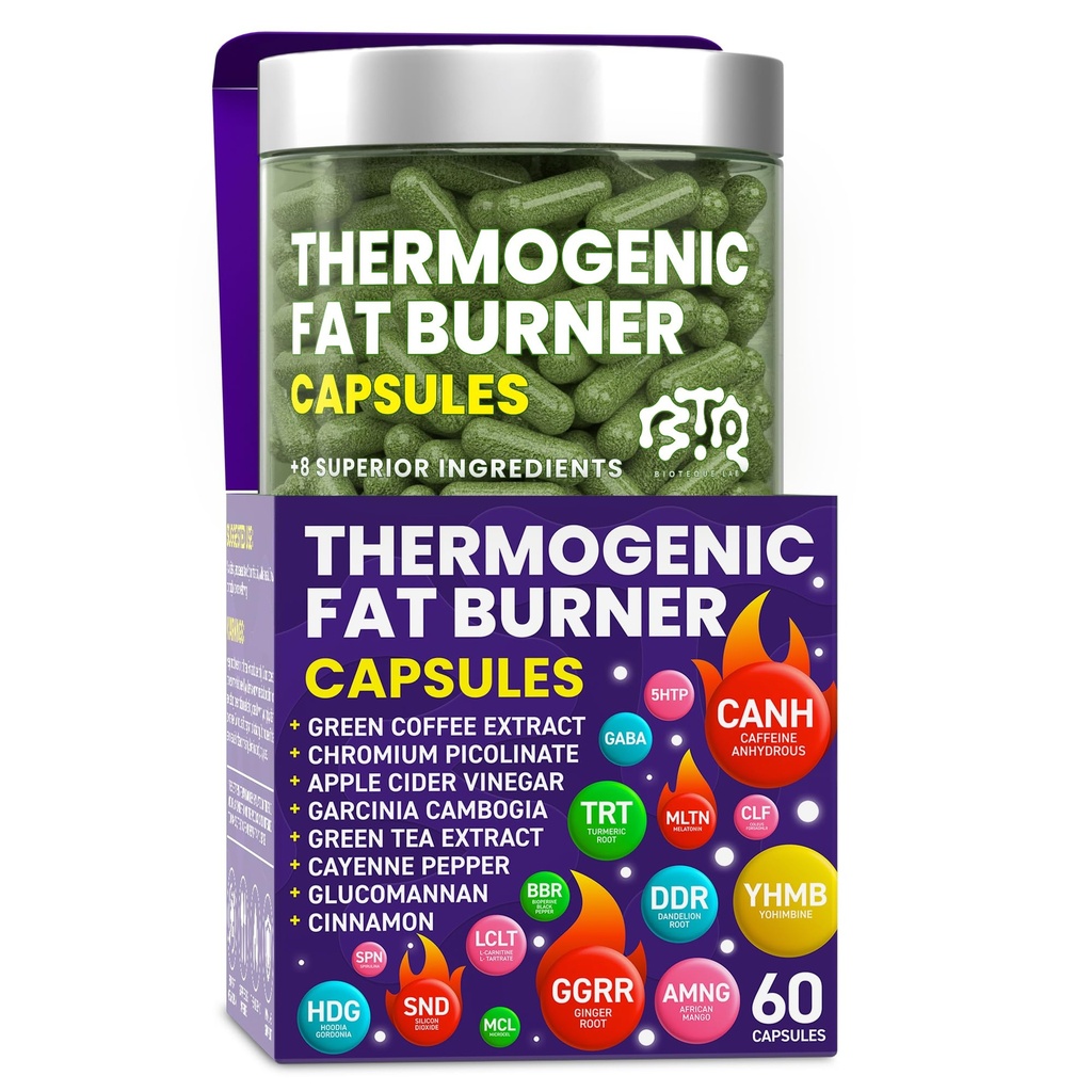 Cápsulas de quemador de grasa termogénica - Píldoras de pérdida de peso para hombres y mujeres, supresor de apetito, martillo metabolismo - té verde, extracto de café, Garcinia Cambogia - Píldoras de dieta para pérdida de peso - 60 cápsulas