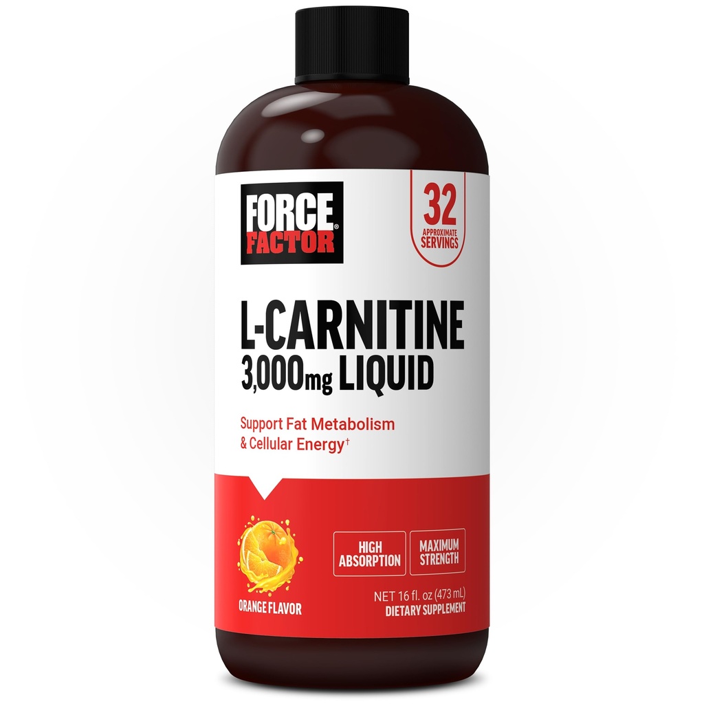 Factor de fuerza L-Carnitina Liquid 3000mg, Maximum Strength Supplement to Support Fat Metabolism, Cellular Energy &amp; Muscle Recovery, High Absorbing, Non-GMO, Orange Flavor, 16 oz Bottle