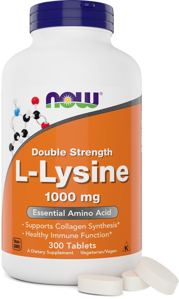 Ahora Alimentos L-Lysine 1000mg - Doble Fuerza - 300 Tabletas - Suplemento de Aminoácidos no GMO (hidrocloruro de lisina)- 1000 mg Tabs - Vegan/Vegetariano