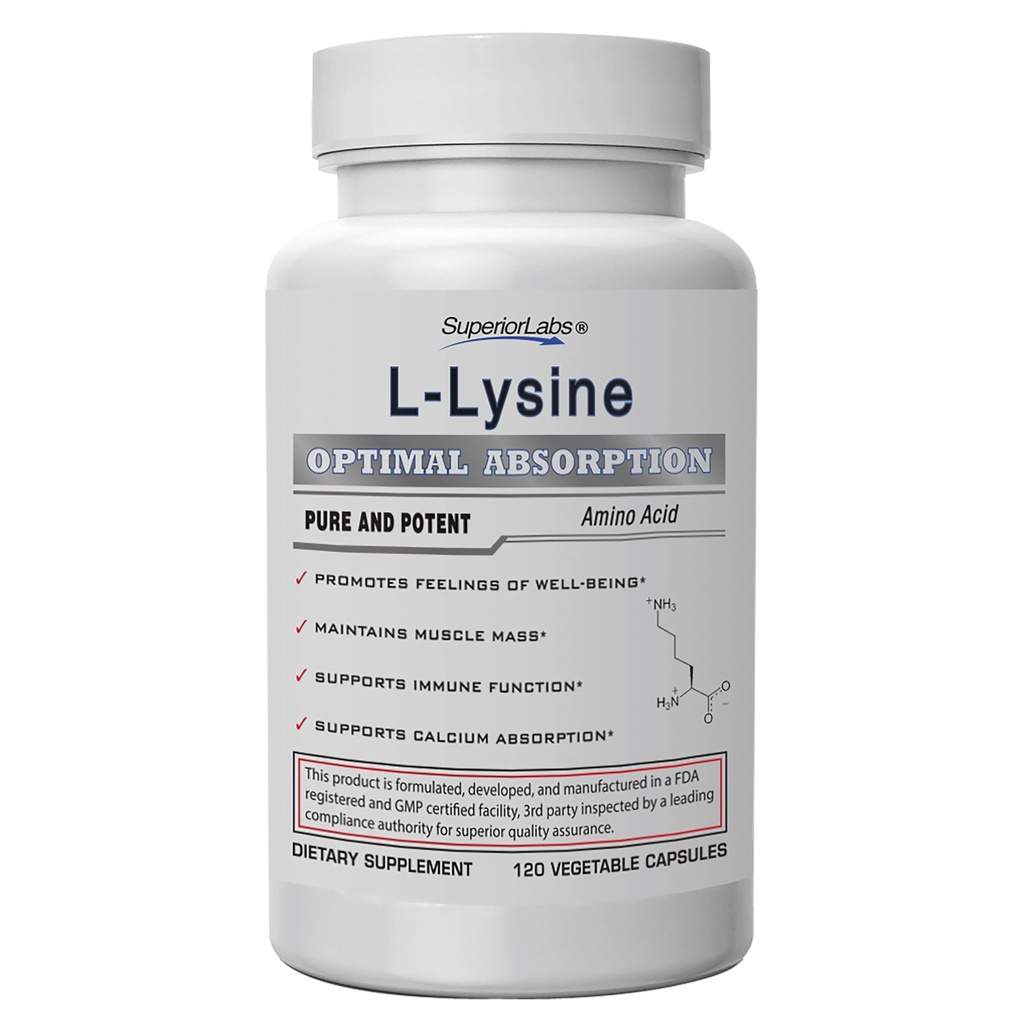 Laboratorios superiores L-Lysine 500 mg Cápsulas, No GMO puro, Testado de terceros, No Fillers, Gluten Free, soporta sistema inmunológico, promueve la absorción de calcio, 120 Cápsulas