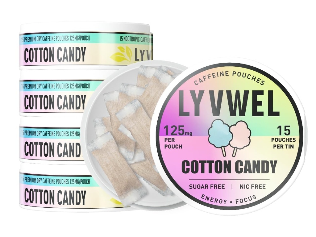 LyvWel 125mg Caffeine Energy Pouches – Clean Energy with Guarana for Focus &amp; Stamina – 5-Pack (75 Total Pouches) (5 Pack, Cotton Candy)