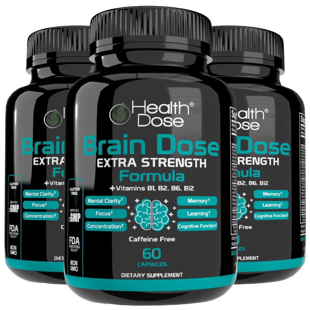 Dosis de la salud Cerebro Premium Nootropics - Fórmula de Fuerza Extra Libre de Caffeine para Mujeres - Apoya la salud cerebral, enfoque cognitivo " Retención de memoria, paquete de 3.