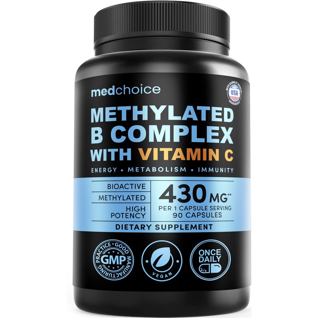 Complejo de vitamina B 9 en-1 - Multivitamínico con Metilcobalamina B12, Metilallamina, L-5-MTHF & Vitamina C - Complejo B metillatado para Hombres Mujer - No GMO, Libre de gluten, & Vegan (90 Servings)