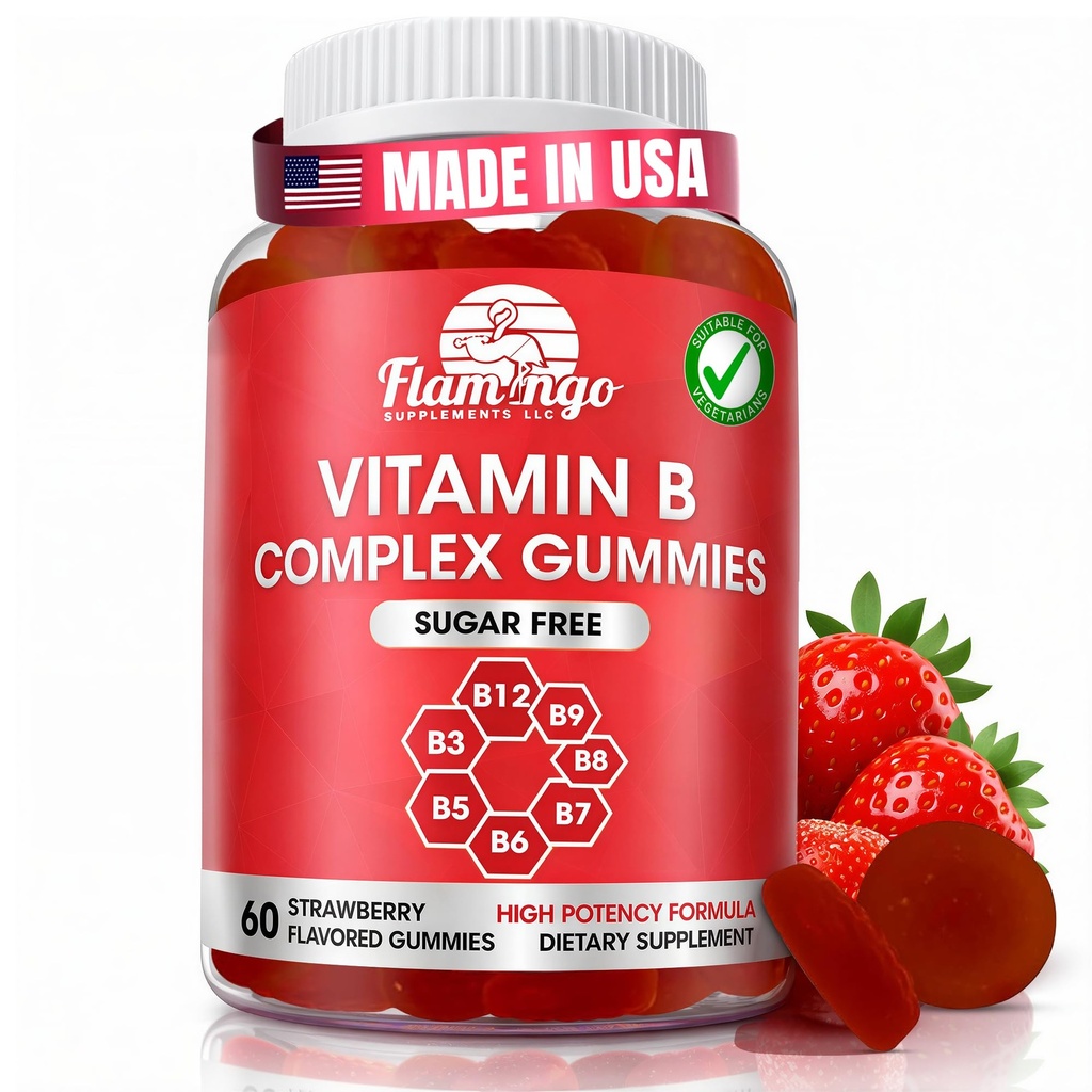 Complejo de vitamina B sin azúcar - Vitamina B12, B7, B6, B3 (Niacina), B5, B8, B9 (Folate)- Tercera Parte Tested- Prenatal, Vegan Diet, Adultos Mayores - B Complex Vitamin Supplement- 60 Gummy Botella