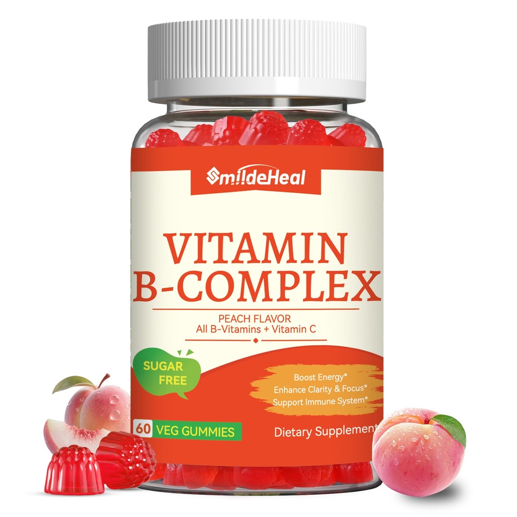 Complejo de vitamina B Gummies para Hombres - Vitamina B12, B1, B2, B3, B5, B6, B7 &amp; B9 - Complejo B con Vitamina C &amp; Choline - Energía &amp; Apoyo Inmunitario* - Vegan, Azúcar Libre, Peach Flavor - 60 Gummies