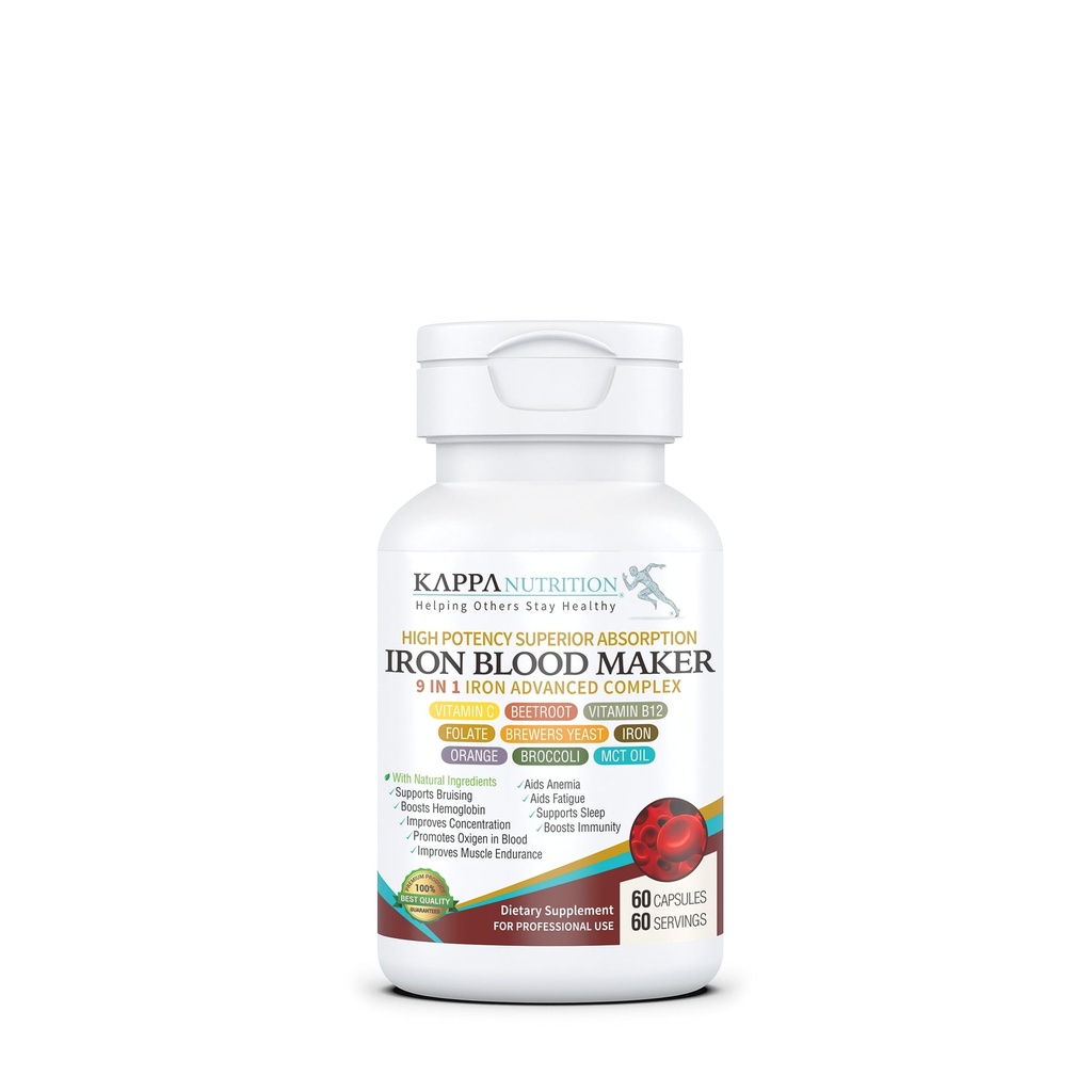 KAPPA NUTRITION Iron 26mg, Vitamina C & Orange 150mg, Folate 667mcg DFE, Vitamina B12, Beetroot, Levadura, Broccoli & MCT Oil 9 in 1 Advanced Complex (60 Capsules)