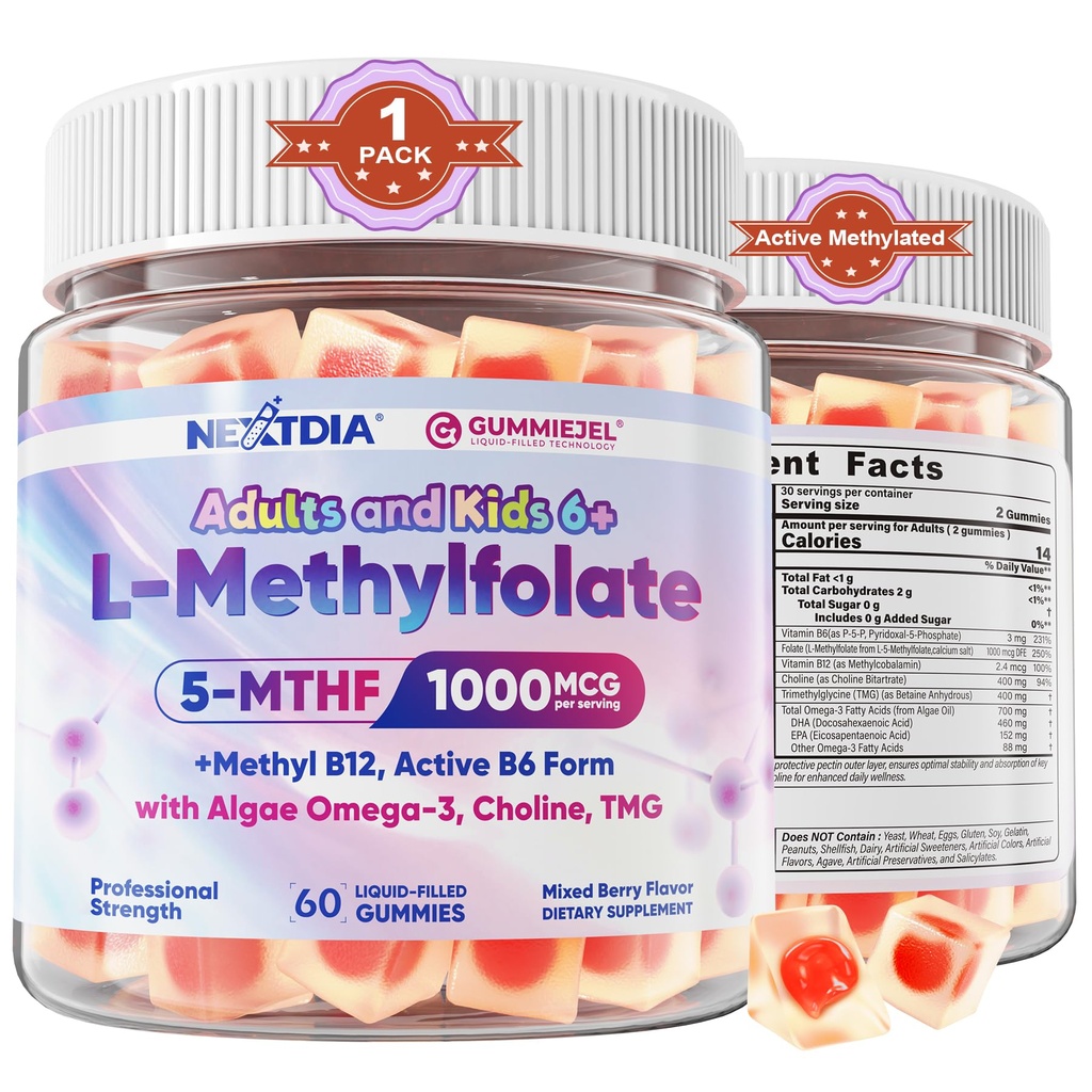 L-Methylfolate 1000 mcg + Metil B12 Gummies for Kids &amp; Adults - Active 5-MTHF, w/Omega-3 DHA &amp; EPA(3:1), Choline & TMG, B6, admite MTHFR Gene, Brain, Energy &amp; Methylation, Sugar free, 60 Cts