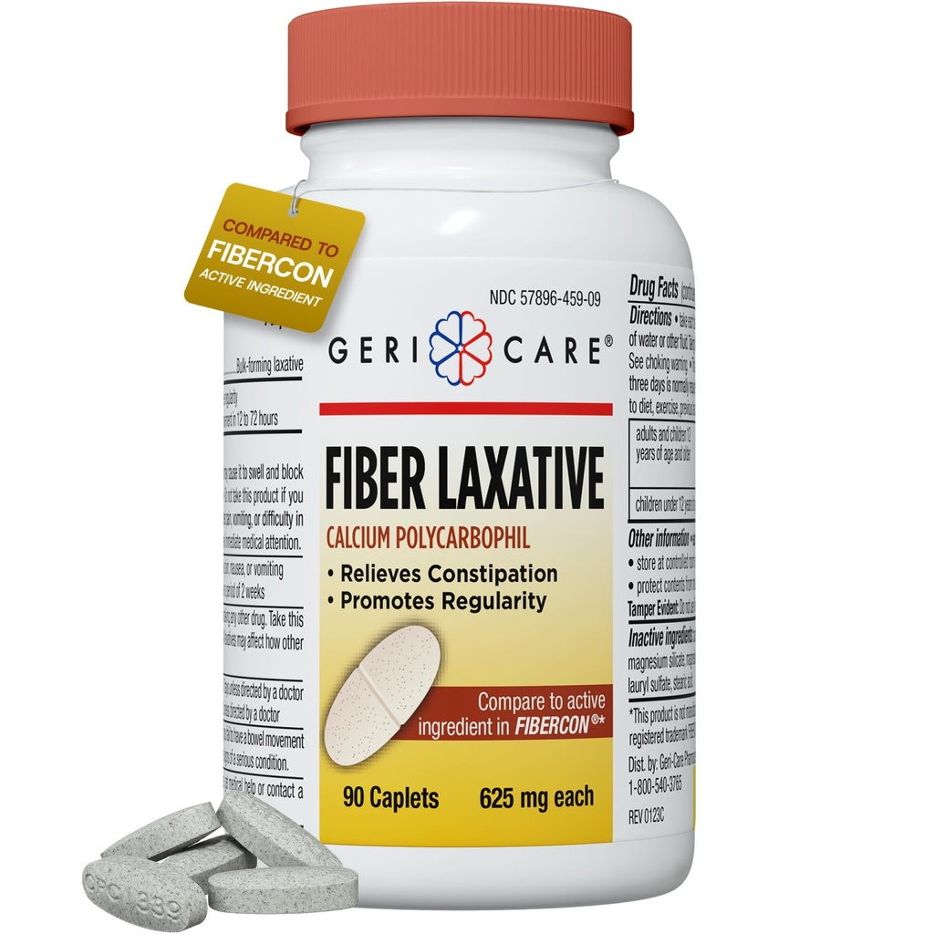 GeriCare Fiber Laxative - 625mg Calcium Polycarbophil Fiber Supplement for Women and Men - Gentle Effective OTC Relief for Constipation and Hemorrhoids - Insoluble Fiber Capsules (90 Cuenta)