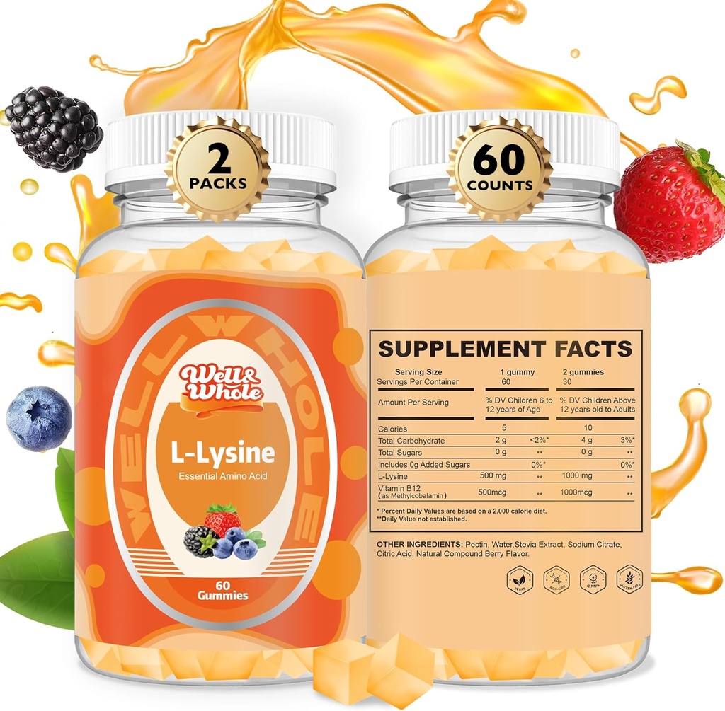 L-Lysine Gummies 1000mg - L-L-Lysine Supplements for Kids and Adults - Lip and Cold Sore* Support for Women - Chewable Lysine Gummies with Vitamin B12 - Vegan, Non GMO, Gluten-Free, 120 Condes