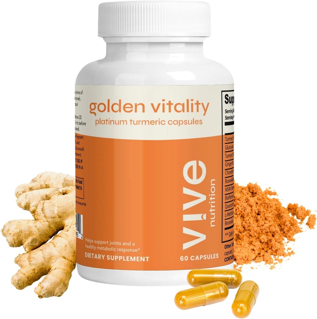 Golden Vitality Tormeric Curcumin Capsules - Platinum Blend con 95% Curcuminoides, Glucosamina, Condroitina, MSM & BioPerine - Soporte conjunto de huesos - 60 Cuenta, 30 Días Suministro