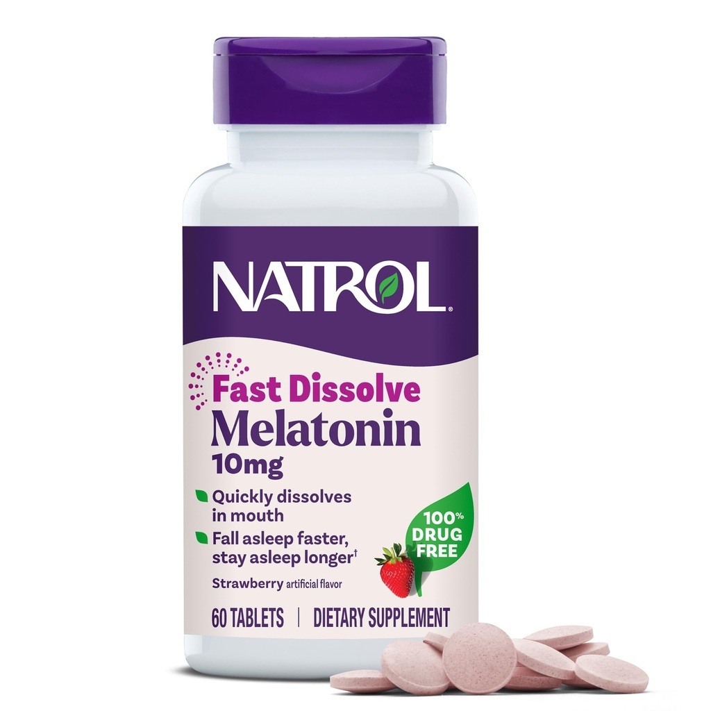 Natrol Melatonin 10mg Tablas de disuelve rápido - Flavor de fresa, 60 Cuenta, Apoyo al sueño, Melatonina de disuelve rápido para adultos, suministro de 60 días