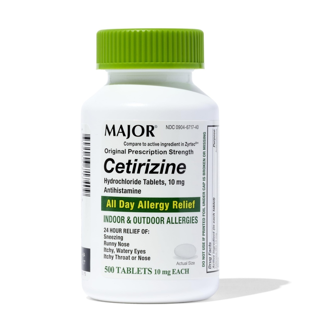MAJOR Cetirizine Hydrochloride Tablets 10 mg - Antihistamine for Indoor and Outdoor Allergies - 24-Hour Allergy Relief from The Symptoms of Hay Fever and Upper Respiratory Allergies - 500 Count