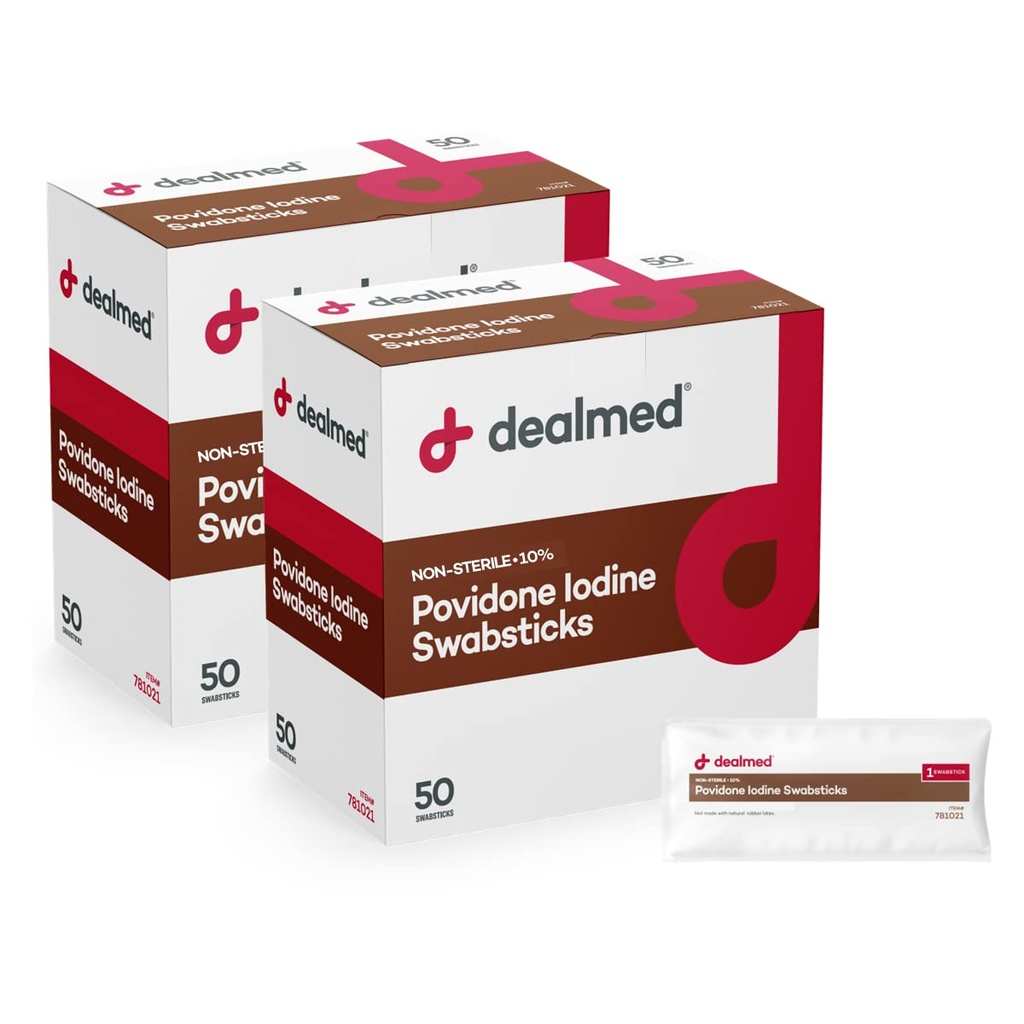 Dealmed Povidone Iodine 10% Swabsticks - Individually Sealed Packets Perfect for Wound Care and Portable First Aid Kits, 50/Box (Pack of 2)