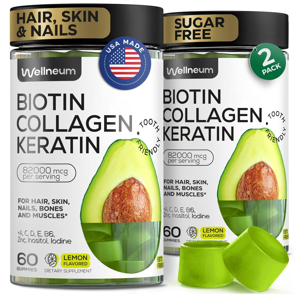 Biotin for Hair Growth Women/Men 12000mcg, Skin & Nails Support Gummies + 70000mcg Collagen Peptides (Collagen Powder in Gummy Form) + 20000mcg Keratin + Retinol, Sugar Free, 120 Gummies (2 Pack)