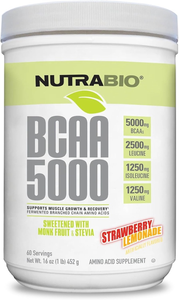 NutraBio BCAA 5000 Powder - Fermented Branched Chain Amino Acids for Muscle Growth & Recovery - Natural Flavors, Sweeteners, and Coloring, Vegan, Gluten Free - Strawberry Lemonade, 60 Servings