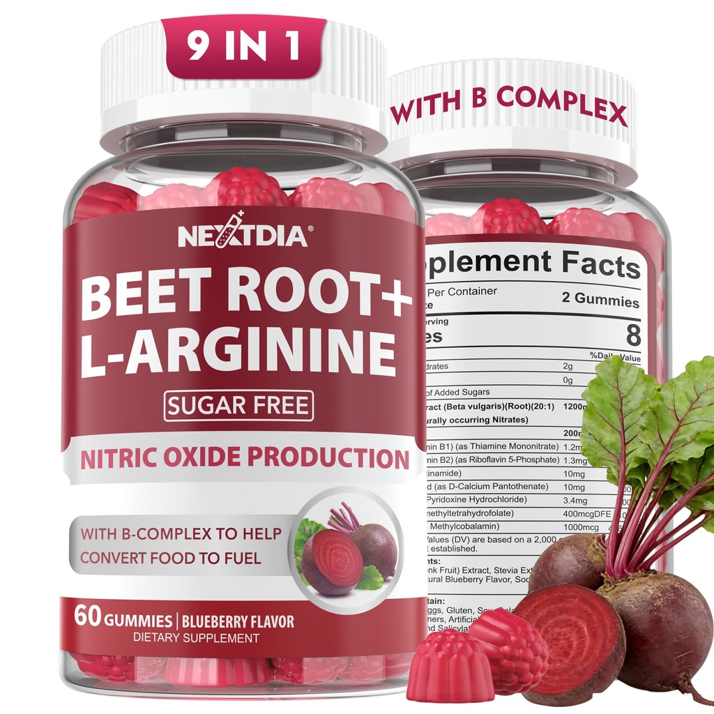 Beet Root Gummies " L-Arginine, Nitric Oxide Supplements for Men " Women w/Organic Beets, B1, B2, B3, B5, B6, Folate, B12 for Energy Boost " Circulation Support, Sugar Free, 120 Cts