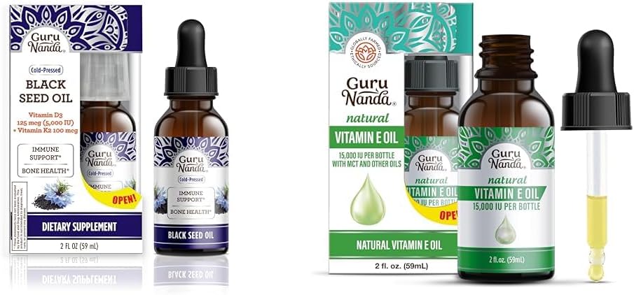 GuruNanda Black Seed Oil, Cold-Presed Nigella Sativa - Rich in Vitamin D3 5000 Units, K2 &amp; E & Vitamin E Oil (2 Fl Oz) - 100% Puro &amp; Natural, 15,000 UI por Bottle for Skin, Hair, Face