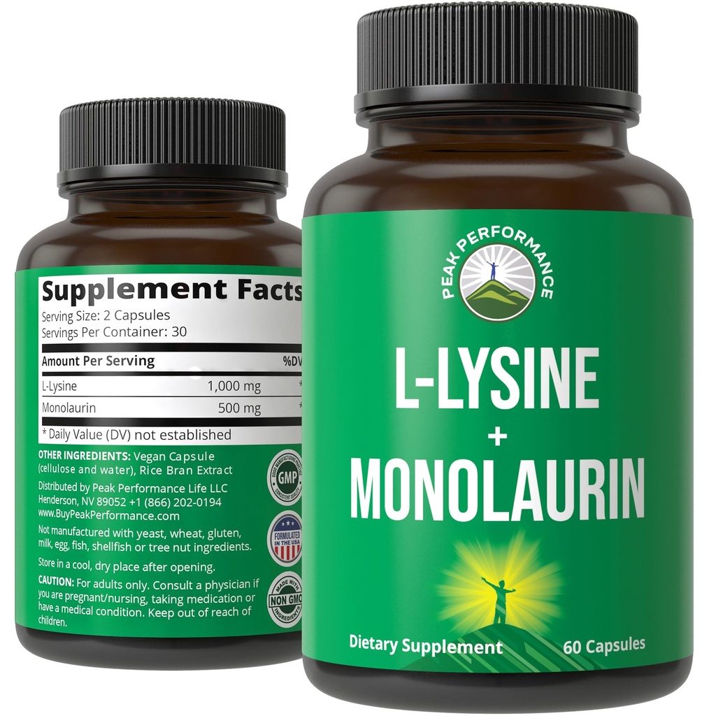 Peak Performance L Lysine 1000mg + Monolaurin 500mg High Potency Supplement for Lips, Skin, & Immune Support - L-Lysine 2-in-1 Bioavailable Supplements for Men and Women - 60 Capsules