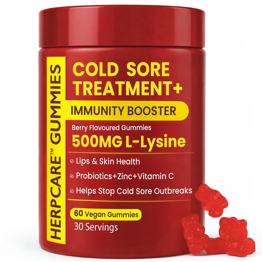 Cold Sore Treatment for Lip & Skin Support with L-Lysine, Zinc, Vitamin C & Probiotics | Vegan Immunity Booster That Helps Prevent Outbreaks & Promotes Faster Healing | 60 Berry Flavored Gummies