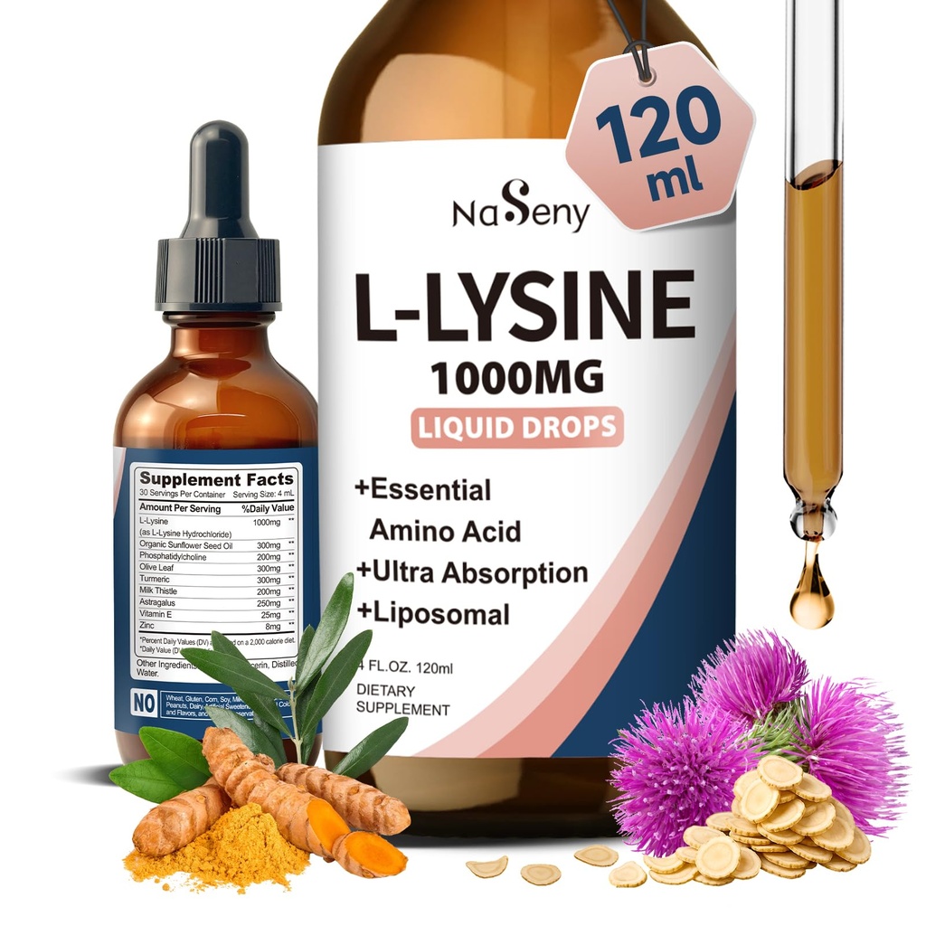 L-Lysine Liquid Drops, Liquid Lysine 1000mg Supplement Essential Amino Acid Supplement for Lips & Oral Health & Collagen Formation Support, Lysine Drops with Vitamin E & Zinc for Adults, 4 Fl oz