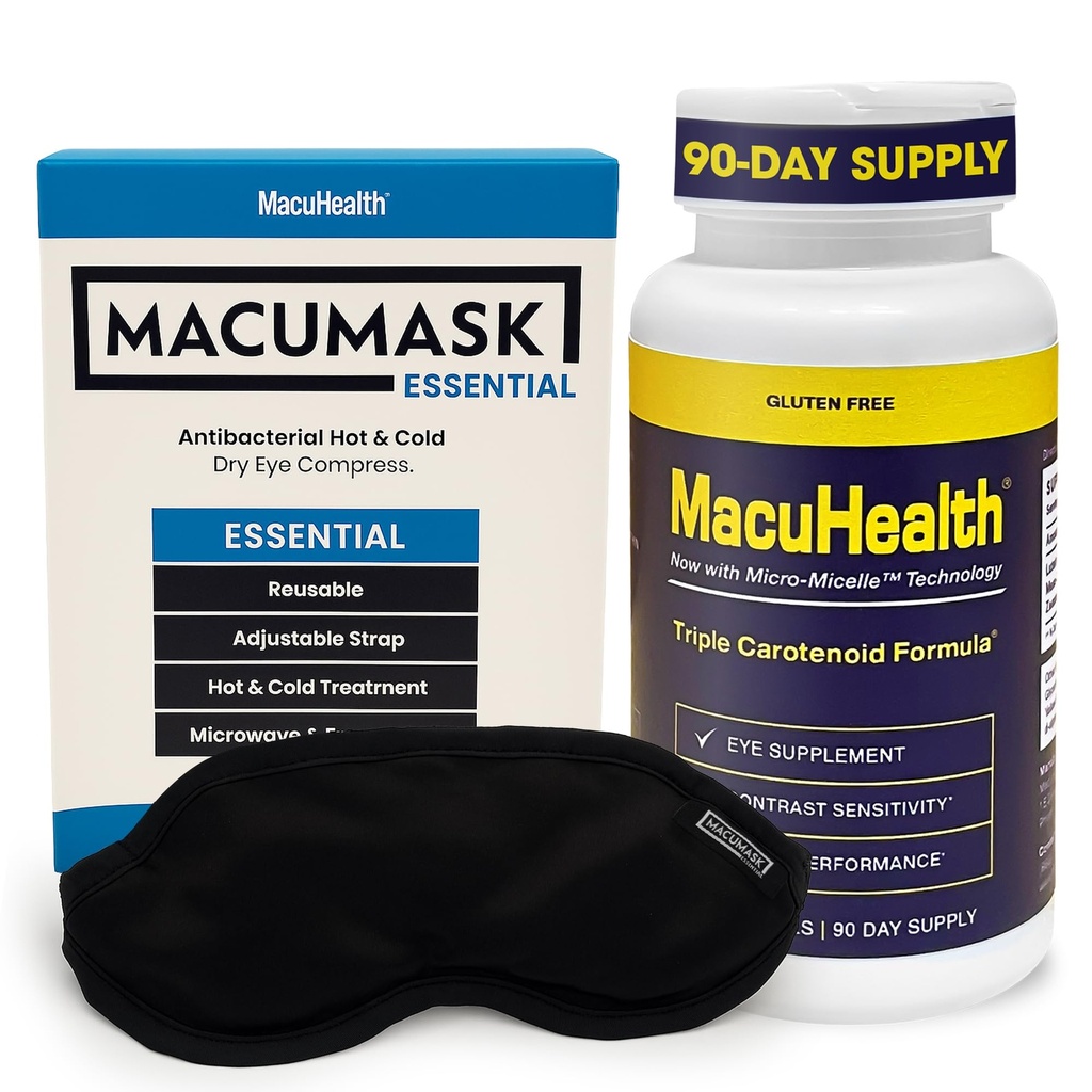Macuhealth Triple Carotenoid Formula Eye Vitamins for Adults 90 Softgels (3-Month Supply) MacuMask Essential Moist Heat Eye Compress for Dry Eyes, Blepharitis, MGD & Digital Eye Strain