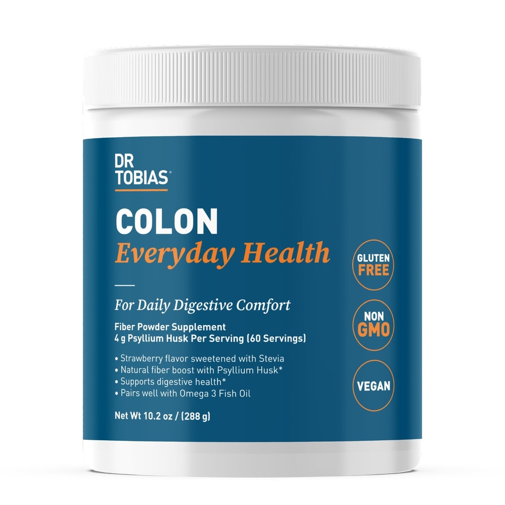 Dr. Tobias Colon Everyday Health - Gut Health for Women &amp; Men - Psyllium Fiber Powder Drink with 4g Psyllium Husk Powder per Serving, Vegan, Gluten Free, Non-GMO, Strawberry Flavor, 60 Servings