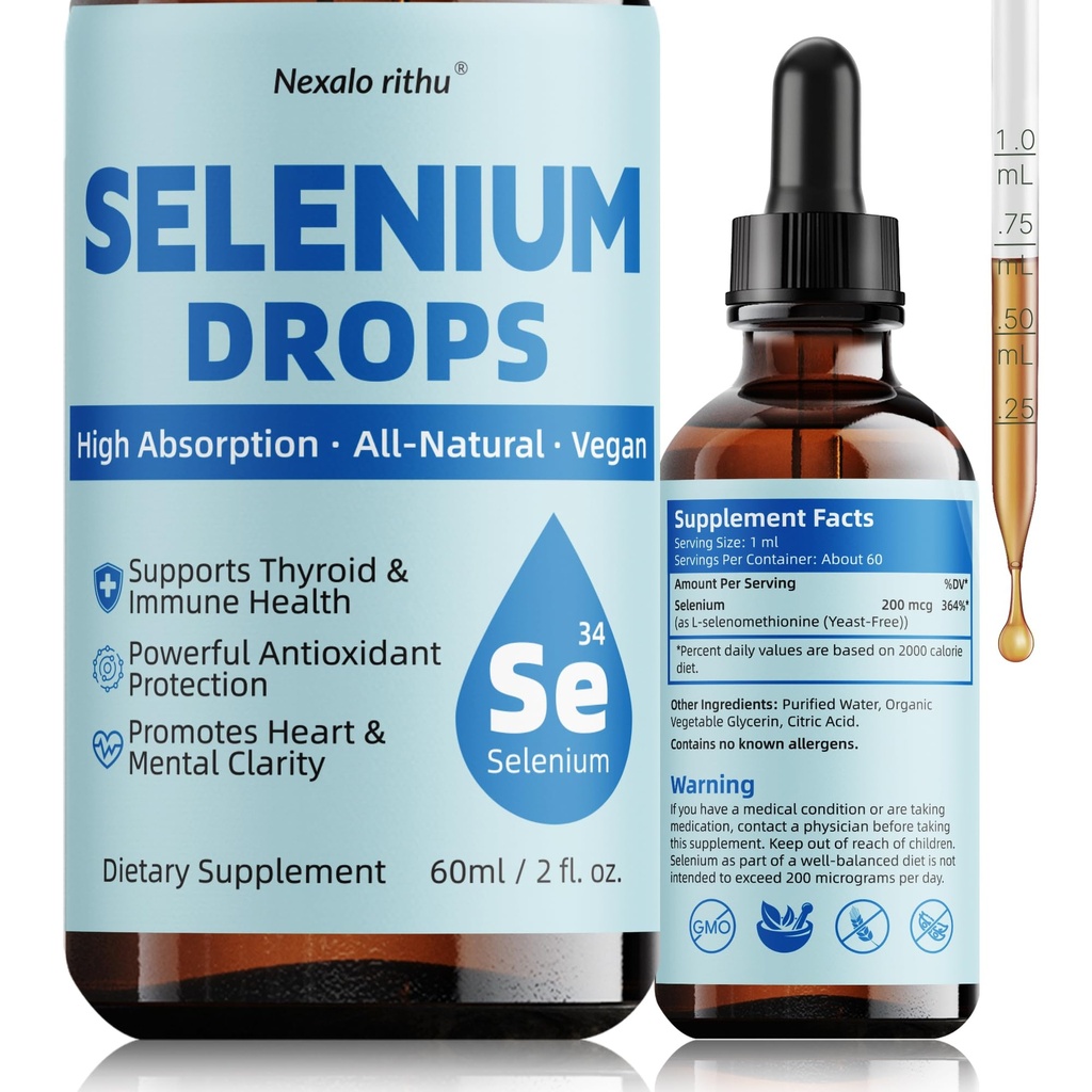 Selenium Liquid Drops - 200 mcg, Selenomethionine Form, High Absorption Sublingual Selenium Supplement for Thyroid Function & Immune Support, Antioxidant Support, Non-GMO, Gluten-Free, 2 Fl Oz