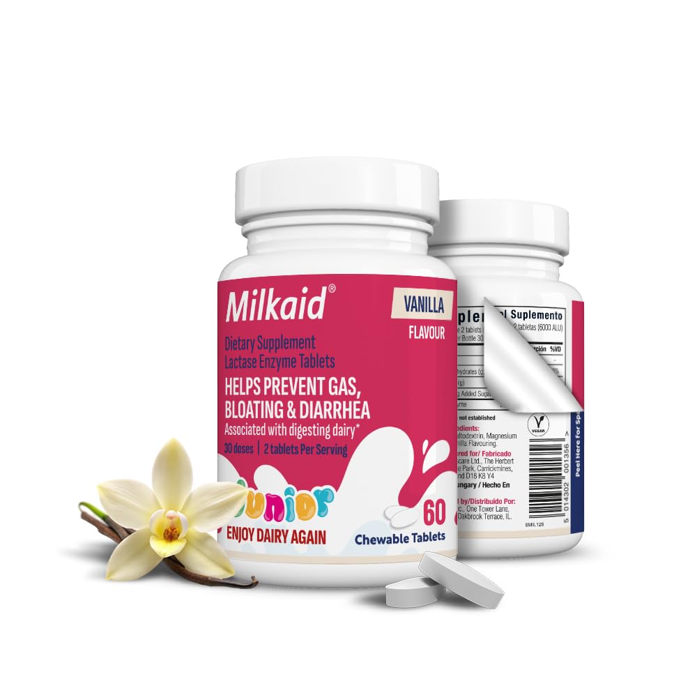 Milkaid Junior Lactase Enzyme Chewable Tablets for Lactose Intolerance | Prevents Gas, Bloating, Diarrhea in Children| Fast Acting Dairy Digestive Supplement for Kids| 60 ct (60 Tablets, Vanilla)