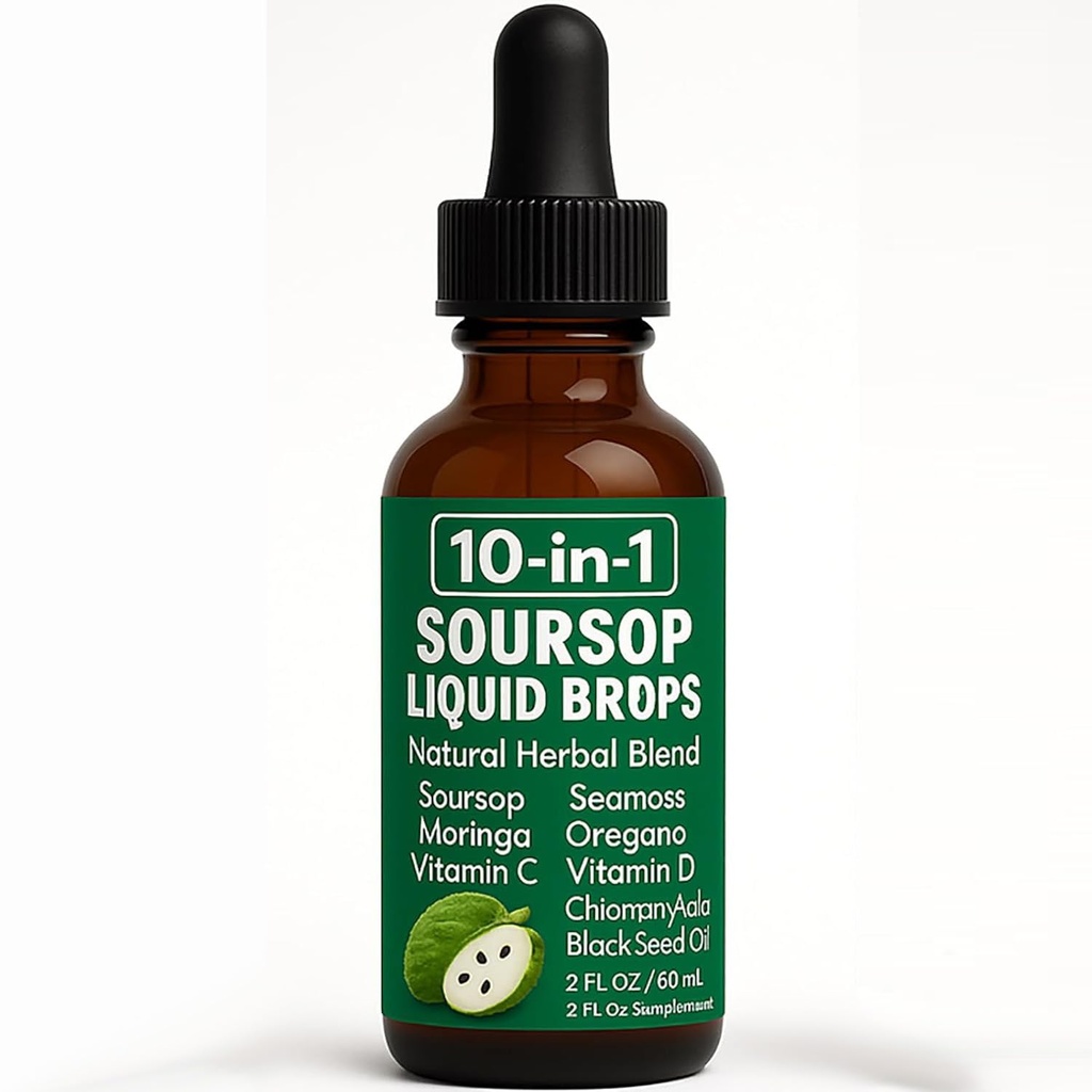 10-in-1 Soursop Extract Drops | Soursop Bitters Liquid with Sea Moss, Turmeric, Moringa, Oregano, Black Seed Oil, Ashwagandha, Chlorophyll - Support Heart Health, Non-GMO | 2 Fl Oz (1)