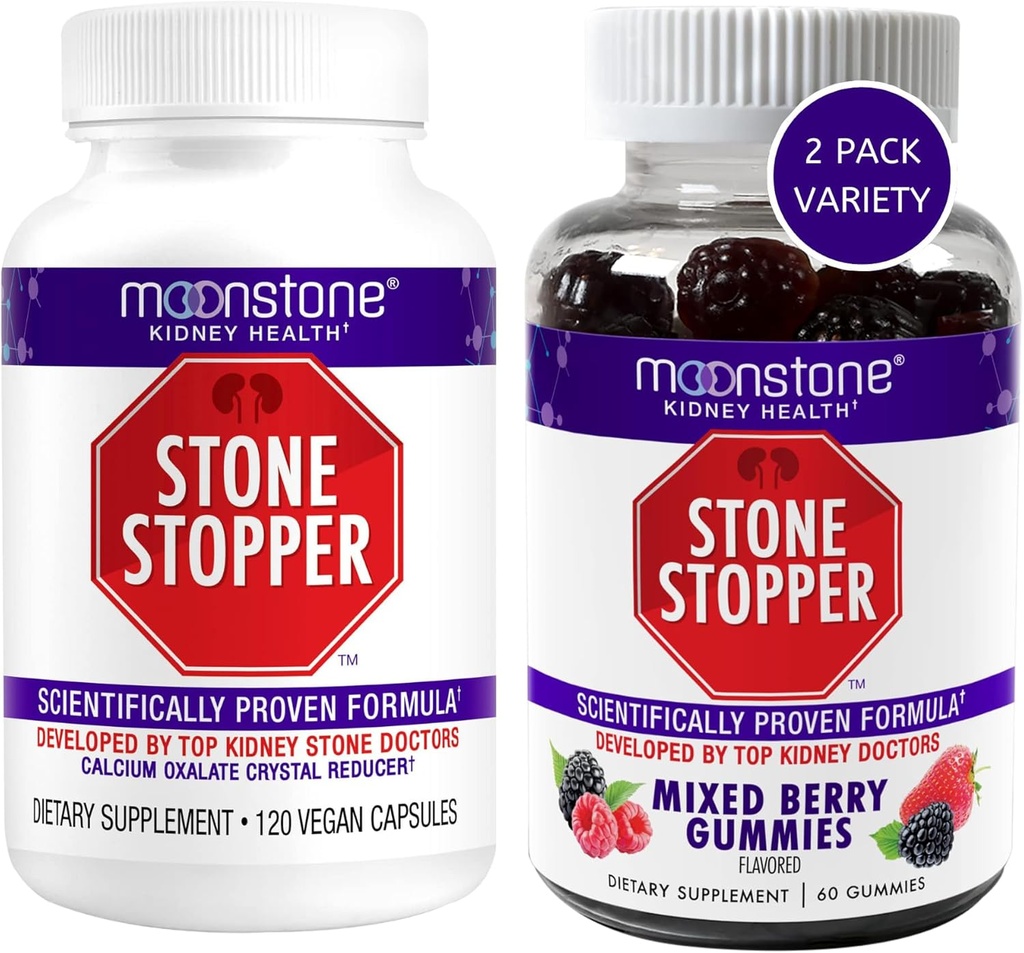 Moonstone Kidney Stone Stopper Capsules & Gummies, Outperforms Chanca Piedra Stone Breaker & Kidney Support Suplementos, Desarrollado por los urólogos para prevenir cálculos renales, baya mixta (Variety 2 Pack)