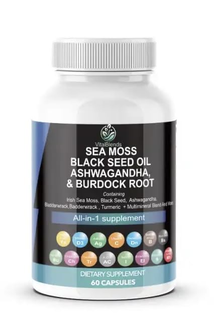 Sea Moss 3000mg Black Seed Oil 2000mg Ashwagandha 1000mg Turmeric 1000mg Bladderwrack 1000mg Burdock 1000mg & Vitamin C & D3 with Elderberry