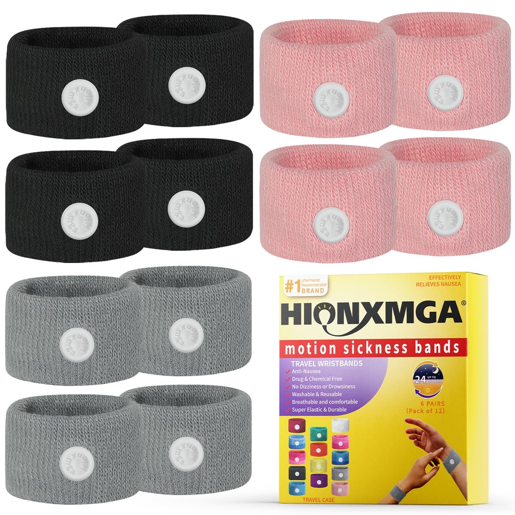 HIONXMGA 6 Pairs Motion Sickness Bands – Natural Anti Nausea Acupressure Wristbands for Morning & Motion Sickness Relief – Ideal for Car, Cruise & Flight Travel – for Adults and Kids