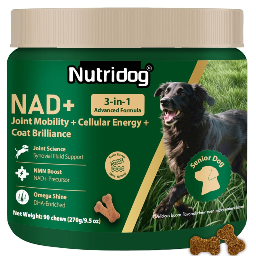 NMN Supplement for Dogs NAD+ Booster - Anti-Aging & Longevity Soft Chews for Senior Dogs with Resveratrol, CoQ10, Glucosamine & Omega-3-3-in-1 Cellular Energy, Joint & Skin Support