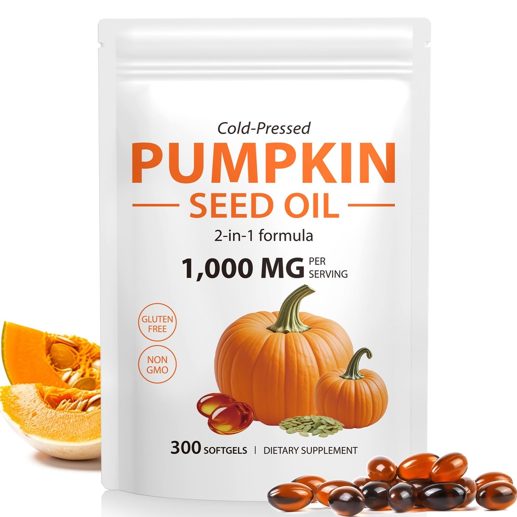 Pumpkin Seed Oil with Saw Palmetto, Pumpkin Seed Oil Capsules, Cold Pressed Pure Virgin Oil, Supports Prostate Health, Hair Growth & Bladder Function | Rich in Fatty Acids, Phytosterols, 300 Softgels