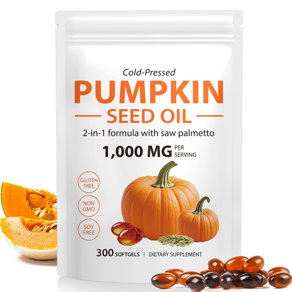 Tiuedu Pumpkin Seed Oil Capsules, 300 Softgels, Cold Pressed Pumpkin Seed Oil Capsules with Essential Fatty Acids & Phytosterols,Supports Hair, Urinary, Bladder & Prostate Health