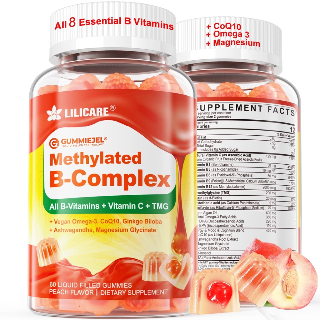 Complejo de vitamina B supermetilato Gummies - Todas las vitaminas B + Omega-3, Magnesio, CoQ10, Ashwagandha,Vitamin C, TMG- Para Mujeres Men- Metil B12 2000 mcg, Methylfolate, B1,B2, B3,B5,B6,B7- Sugar Gratis