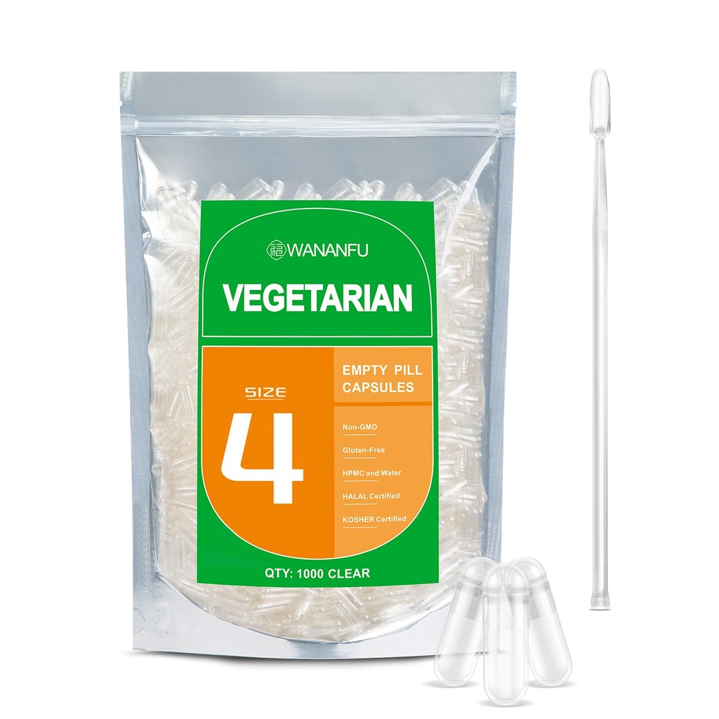 wananfu Tamaño 4 Empty Capsules Vegetariano (500 Conde) Agrupo con 2 cucharas de laboratorio, Limpiar las cápsulas de la píldora Fillable Tamaño 4 para hacer sus propios suplementos