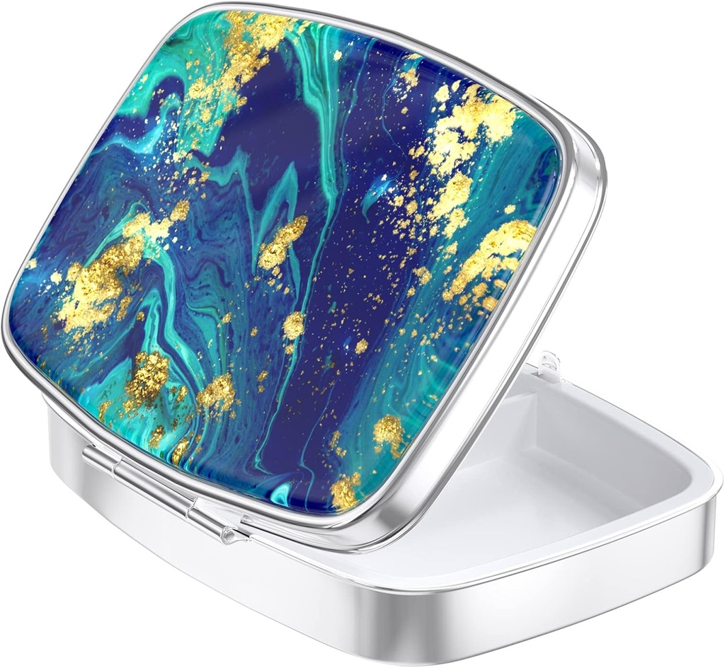 Nipichsha Pill Box, Small Pill Case for Purse & Pocket, Cute Travel Medicine Organizer, Portable Medicine Container Holder to Hold Vitamins, Medication, Fish Oil &amp; Supplement, Ocean Teal Marble