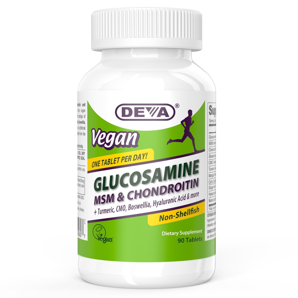 DEVA Glucosamina Vegan MSM " Condroitina + Turmérica, CMO, Boswellia, Ácido Hialurónico " Más, Fórmula No Animal Mejorada, 90 Tabletas