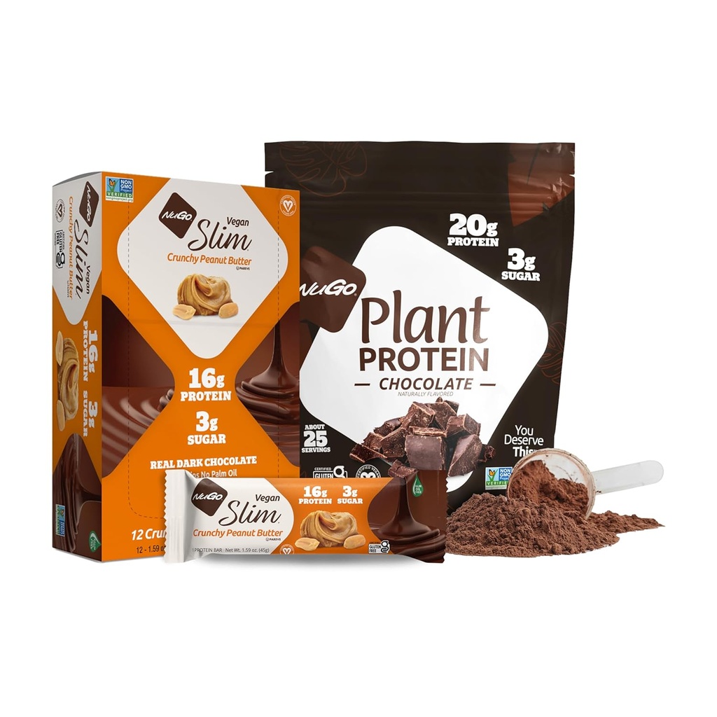 NuGo Slim Dark Chocolate Crunchy Peanut Butter, 17g Vegan Protein, 3g Azúcar, 12 Conde y NuGo Planta Proteína Polvo, 20g Proteína, 3g Azúcar, 25 Servimientos