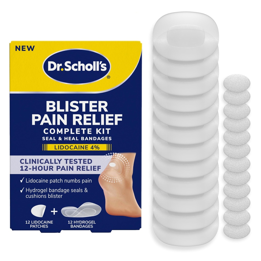 Dr. Scholl’s Blister Pain Relief Complete Kit, 12 ct - The Only Blister Treatment with an Active Pain Reliever, Seal & Heal Bandages with Hydrogel Technology, Blister Pads, 4% Lidocaine to Numb Pain