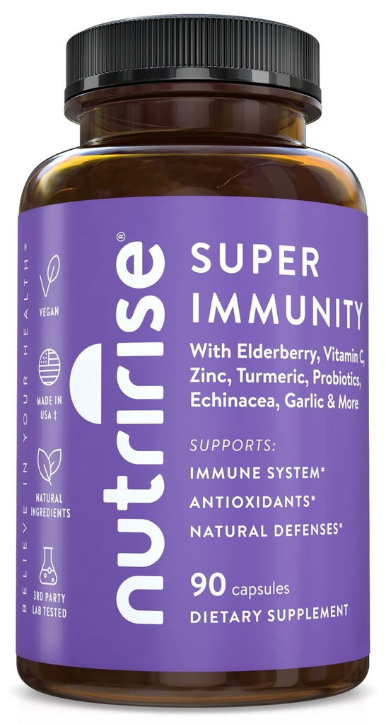 NutriRise Immunity Complex Immune Support Supplement with Vitamin C, E, B6, Zinc, Turmeric Curcumin, Elderberry, Echinacea, 7.2 Billion CFU Probiotics for Gut Health, 90 Count