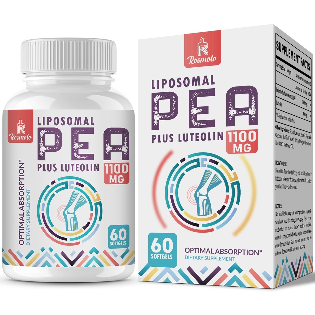Palmitoylethanolamida Liposomal 1000 mg + Luteolina 100 mg, Pea micronizada 99% Altamente Purificada - Ausorción mejorada y biodisponibilidad, 60 Softgels